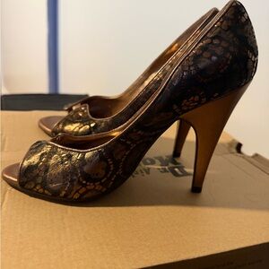 Carlos Santana Bronze Lace Peep-Toe Heels